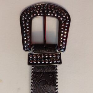 Silver Buckle Brown Belt With Metallic Stud Tooling Detail XXL